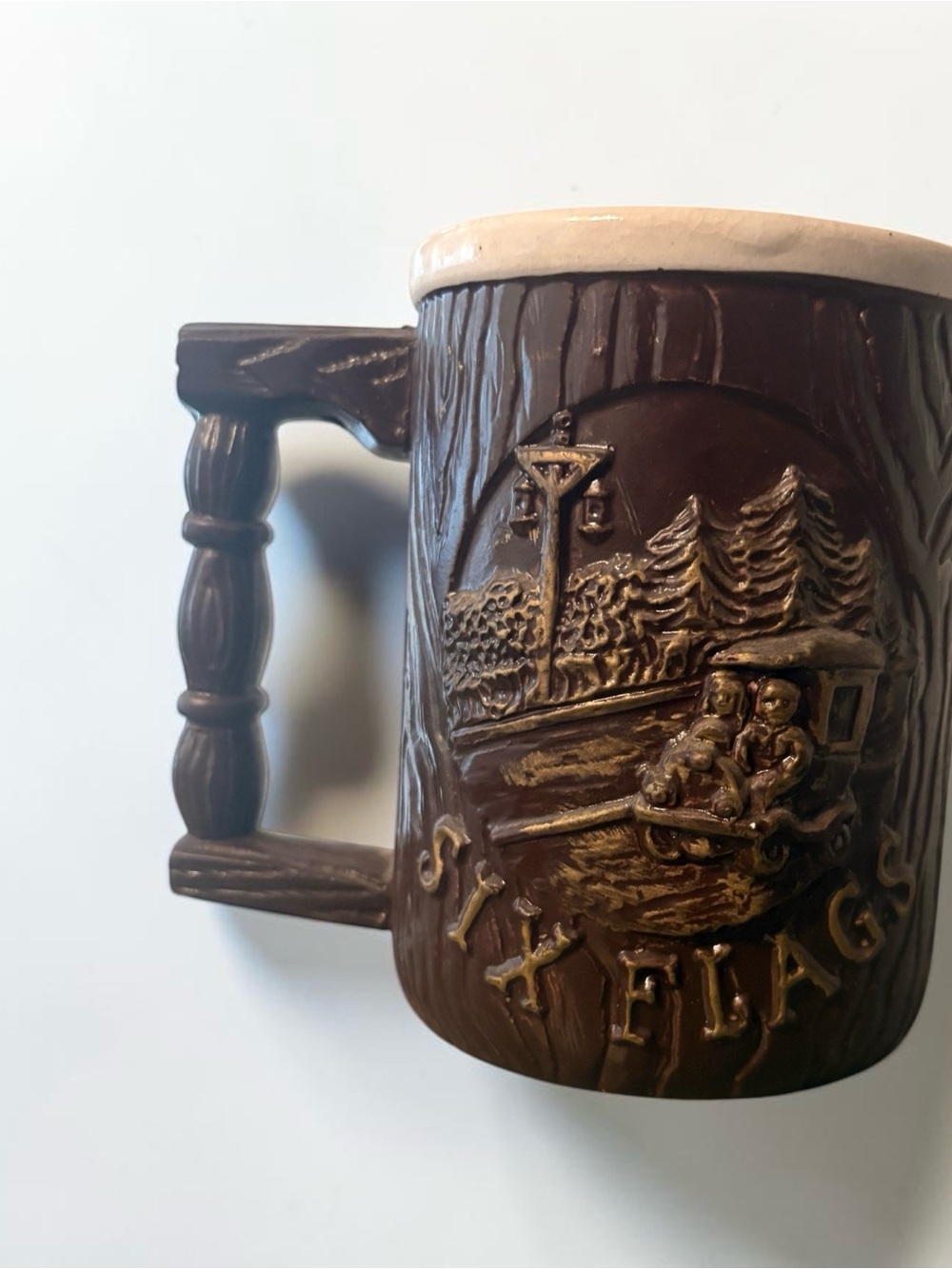 Vintage Six Flags Flume Ceramic Mug Brown Faux Wood Grain 4.5 Collectible Mug